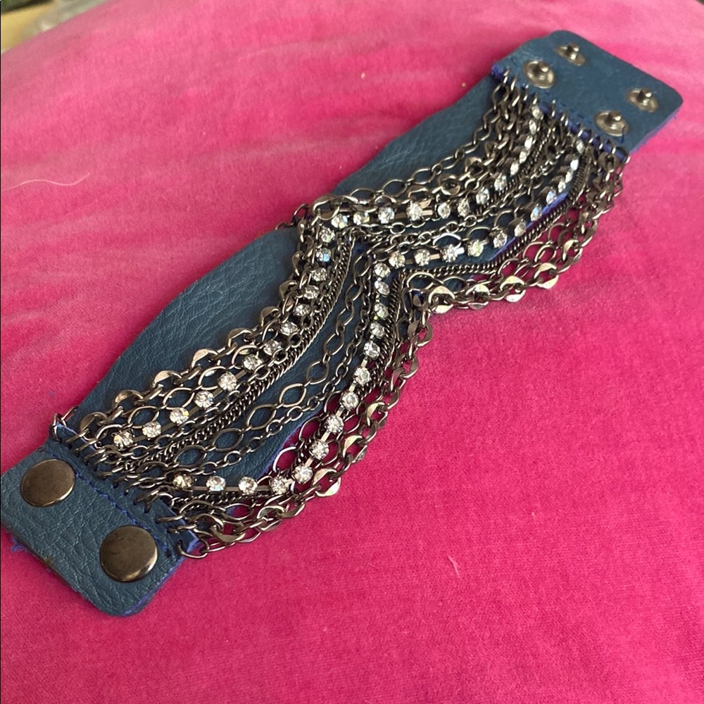 Blue Leather Bracelet with Silver Chains and Rhinestones